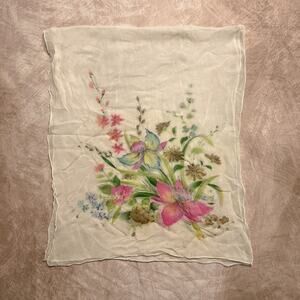 Vintage 70s Hand Painted Floral Mesh Scarf Neckerchief Ascot Sheer Retro Mod